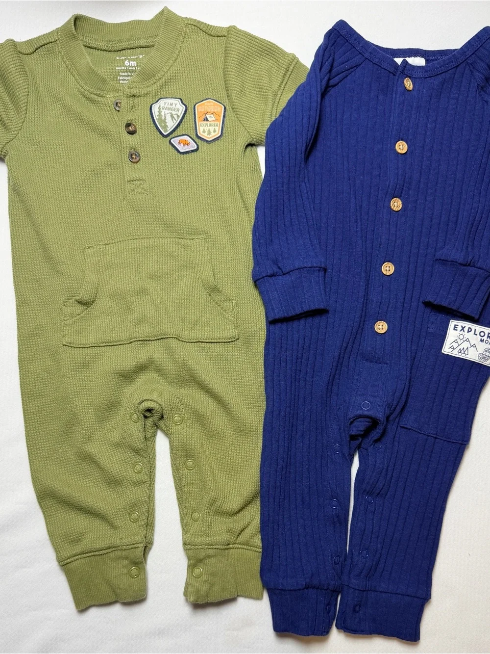 Carter's Waffle Knit Patch Romper Okie Dokie Blue Patch Ribbed Romper- 6 M